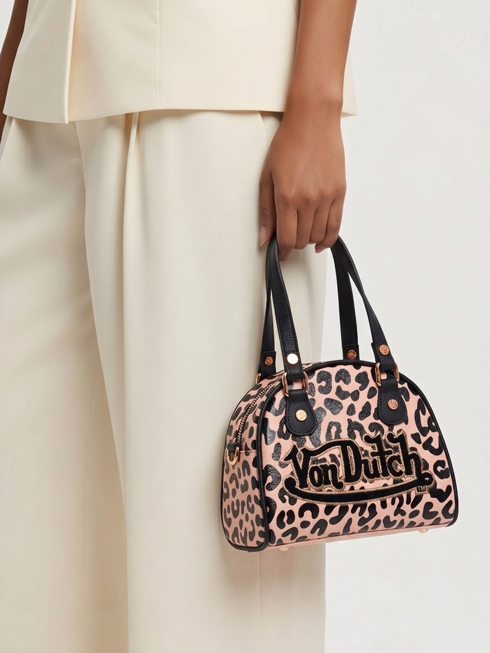 Von Dutch Pink Leopard Dome Satchel with Black Trim